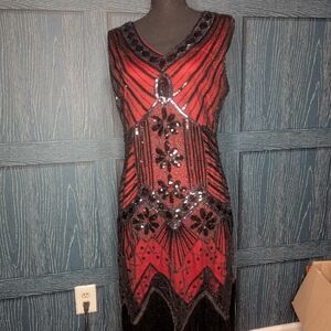 Elegant Red and Black Sequin Dress